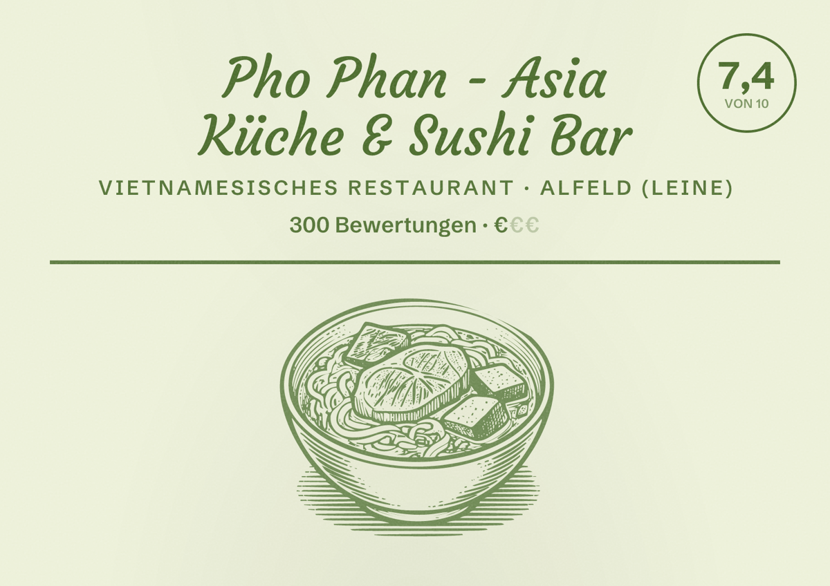 Illustriertes Poster von Pho Phan - Asia Küche & Sushi Bar, Vietnamesisches Restaurant in Alfeld (Leine): Bewertung 7,4 von 10 aus 300 Bewertungen, Preisniveau €