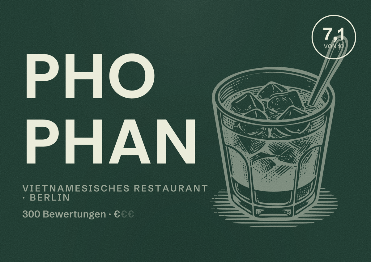 Illustriertes Poster von Pho Phan, Vietnamesisches Restaurant in Berlin: Bewertung 7,1 von 10 aus 300 Bewertungen, Preisniveau €