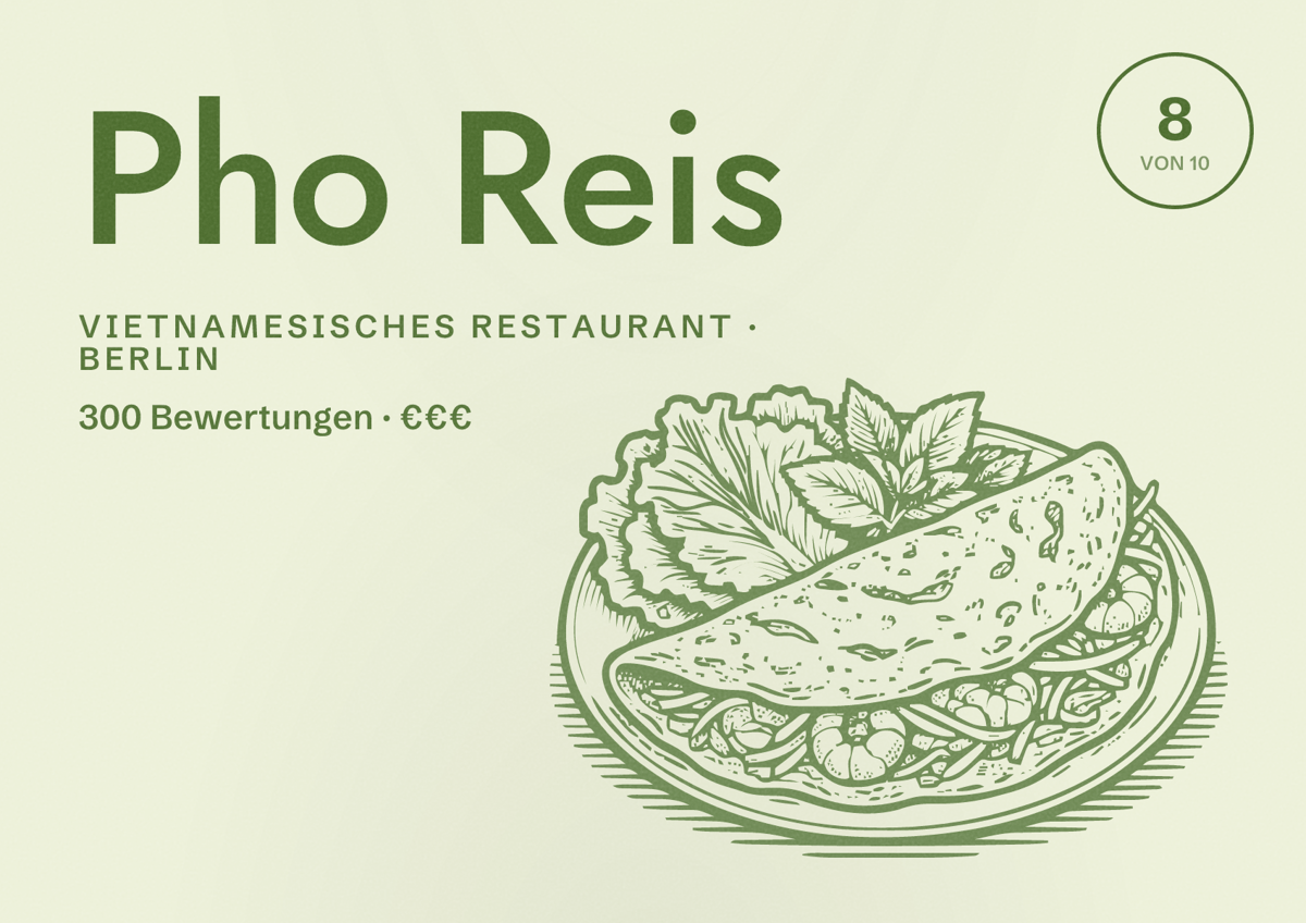 Illustriertes Poster von Pho Reis, Vietnamesisches Restaurant in Berlin: Bewertung 8,0 von 10 aus 300 Bewertungen, Preisniveau €€€