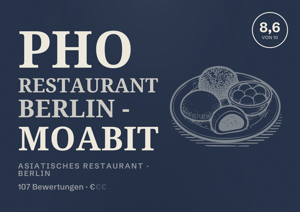 Illustriertes Poster von Pho Restaurant Berlin - Moabit, Asiatisches Restaurant in Berlin: Bewertung 8,6 von 10 aus 107 Bewertungen, Preisniveau €