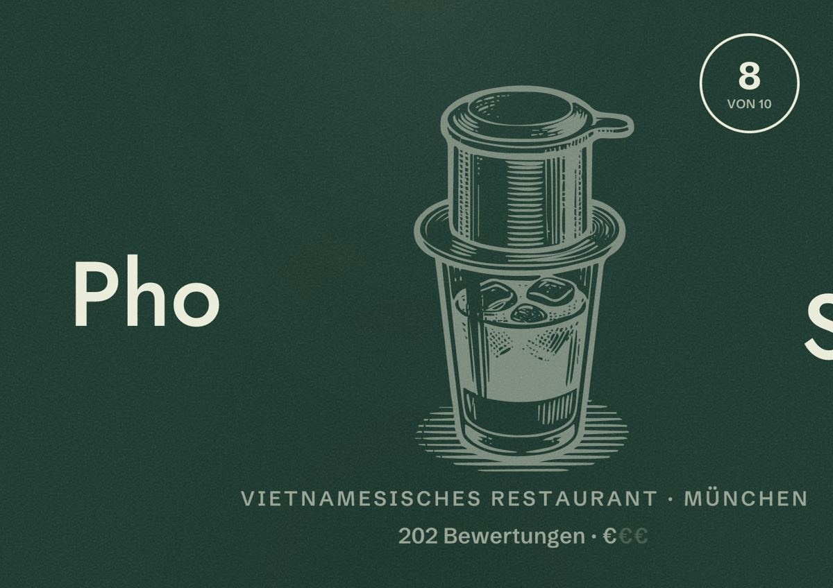 Illustriertes Poster von Pho SuSu, Vietnamesisches Restaurant in München: Bewertung 8,0 von 10 aus 202 Bewertungen, Preisniveau €