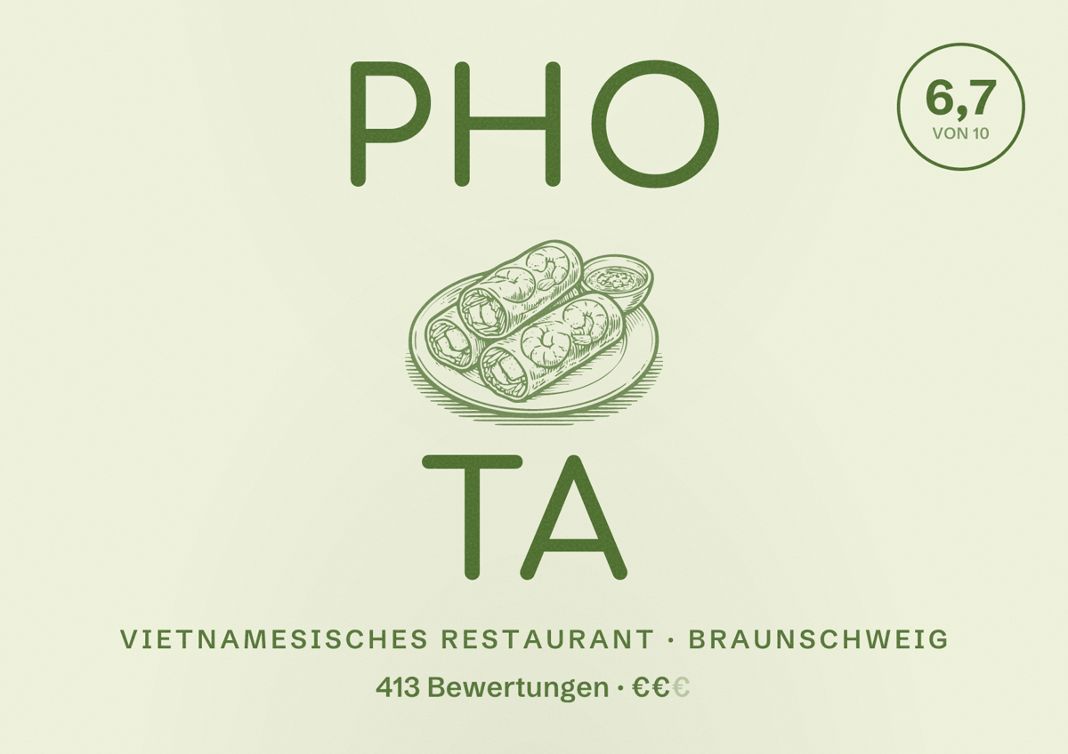 Illustriertes Poster von Pho Ta, Vietnamesisches Restaurant in Braunschweig: Bewertung 6,7 von 10 aus 413 Bewertungen, Preisniveau €€
