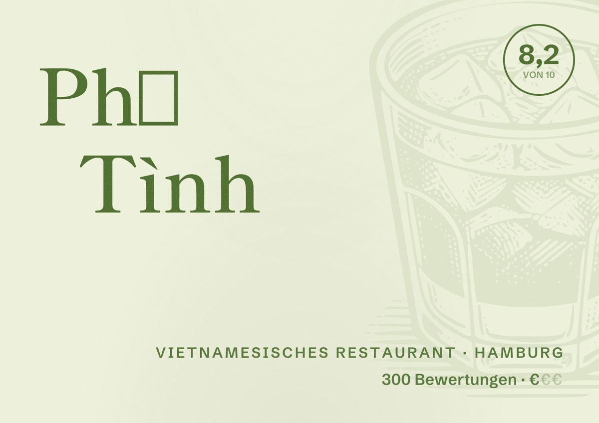 Illustriertes Poster von Phở Tình, Vietnamesisches Restaurant in Hamburg: Bewertung 8,2 von 10 aus 300 Bewertungen, Preisniveau €