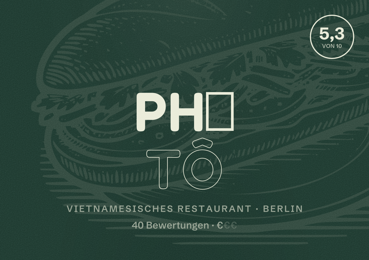 Illustriertes Poster von Phở Tô, Vietnamesisches Restaurant in Berlin: Bewertung 5,3 von 10 aus 40 Bewertungen, Preisniveau €