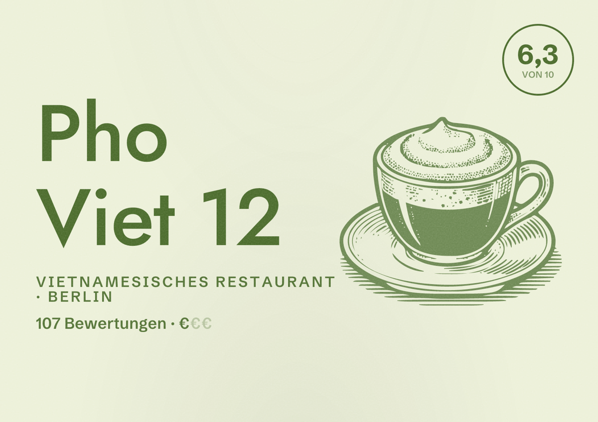 Illustriertes Poster von Pho Viet 12, Vietnamesisches Restaurant in Berlin: Bewertung 6,3 von 10 aus 107 Bewertungen, Preisniveau €