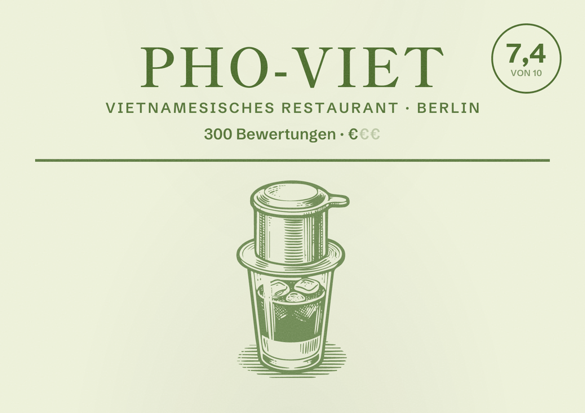 Illustriertes Poster von Pho-viet, Vietnamesisches Restaurant in Berlin: Bewertung 7,4 von 10 aus 300 Bewertungen, Preisniveau €€