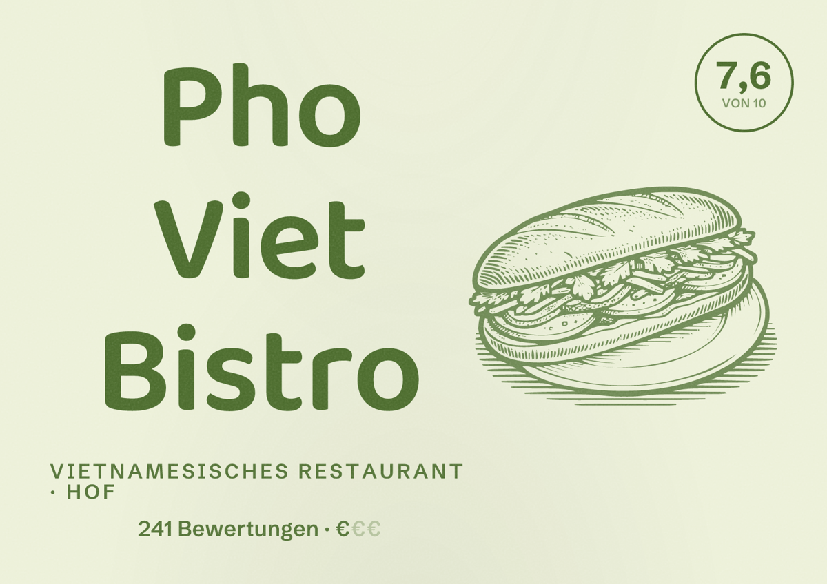 Illustriertes Poster von Pho Viet Bistro, Vietnamesisches Restaurant in Hof: Bewertung 7,6 von 10 aus 241 Bewertungen, Preisniveau €