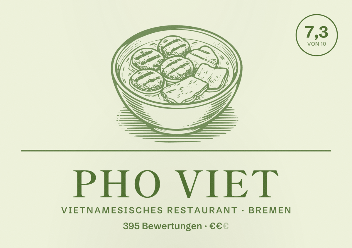 Illustriertes Poster von Pho Viet, Vietnamesisches Restaurant in Bremen: Bewertung 7,3 von 10 aus 395 Bewertungen, Preisniveau €€