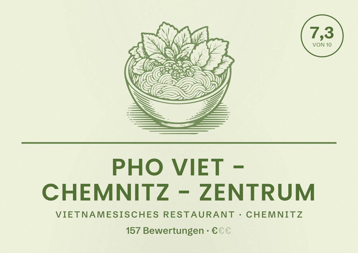 Illustriertes Poster von Pho Viet - Chemnitz - Zentrum, Vietnamesisches Restaurant in Chemnitz: Bewertung 7,3 von 10 aus 157 Bewertungen, Preisniveau €