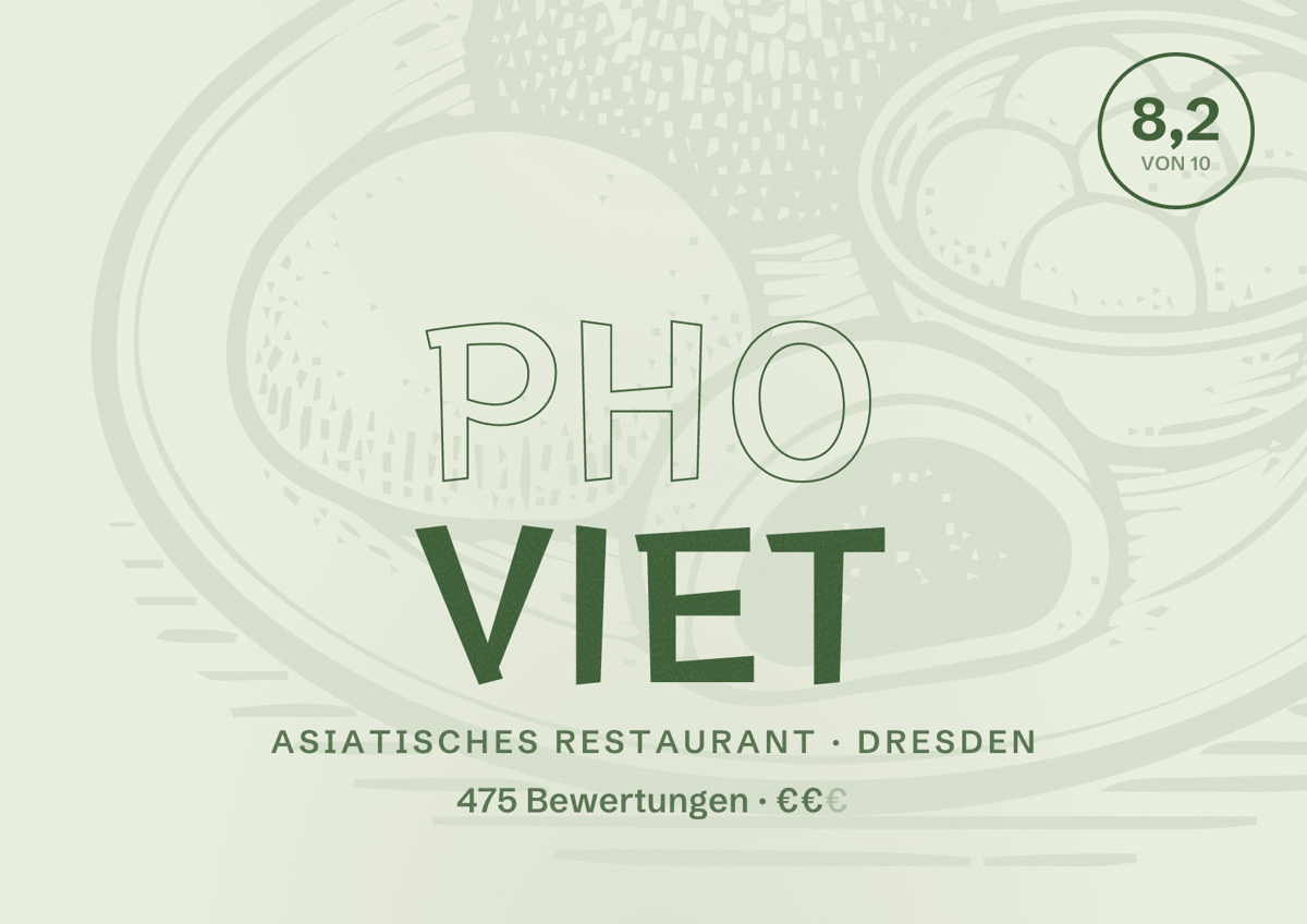 Illustriertes Poster von Pho Viet, Asiatisches Restaurant in Dresden: Bewertung 8,2 von 10 aus 475 Bewertungen, Preisniveau €€
