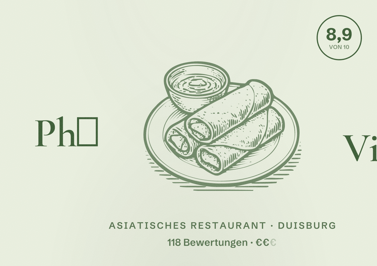 Illustriertes Poster von Phở Việt, Asiatisches Restaurant in Duisburg: Bewertung 8,9 von 10 aus 118 Bewertungen, Preisniveau €€