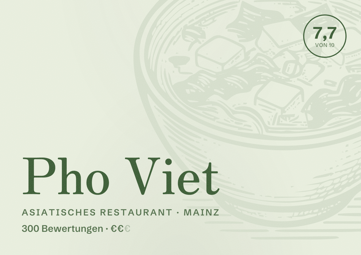 Illustriertes Poster von Pho Viet, Asiatisches Restaurant in Mainz: Bewertung 7,7 von 10 aus 300 Bewertungen, Preisniveau €€