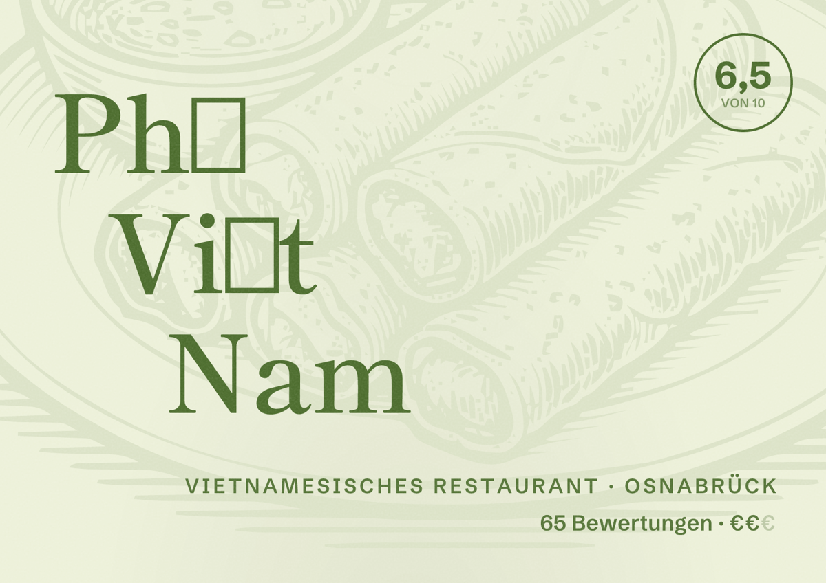 Illustriertes Poster von Phở Việt Nam, Vietnamesisches Restaurant in Osnabrück: Bewertung 6,5 von 10 aus 65 Bewertungen, Preisniveau €€