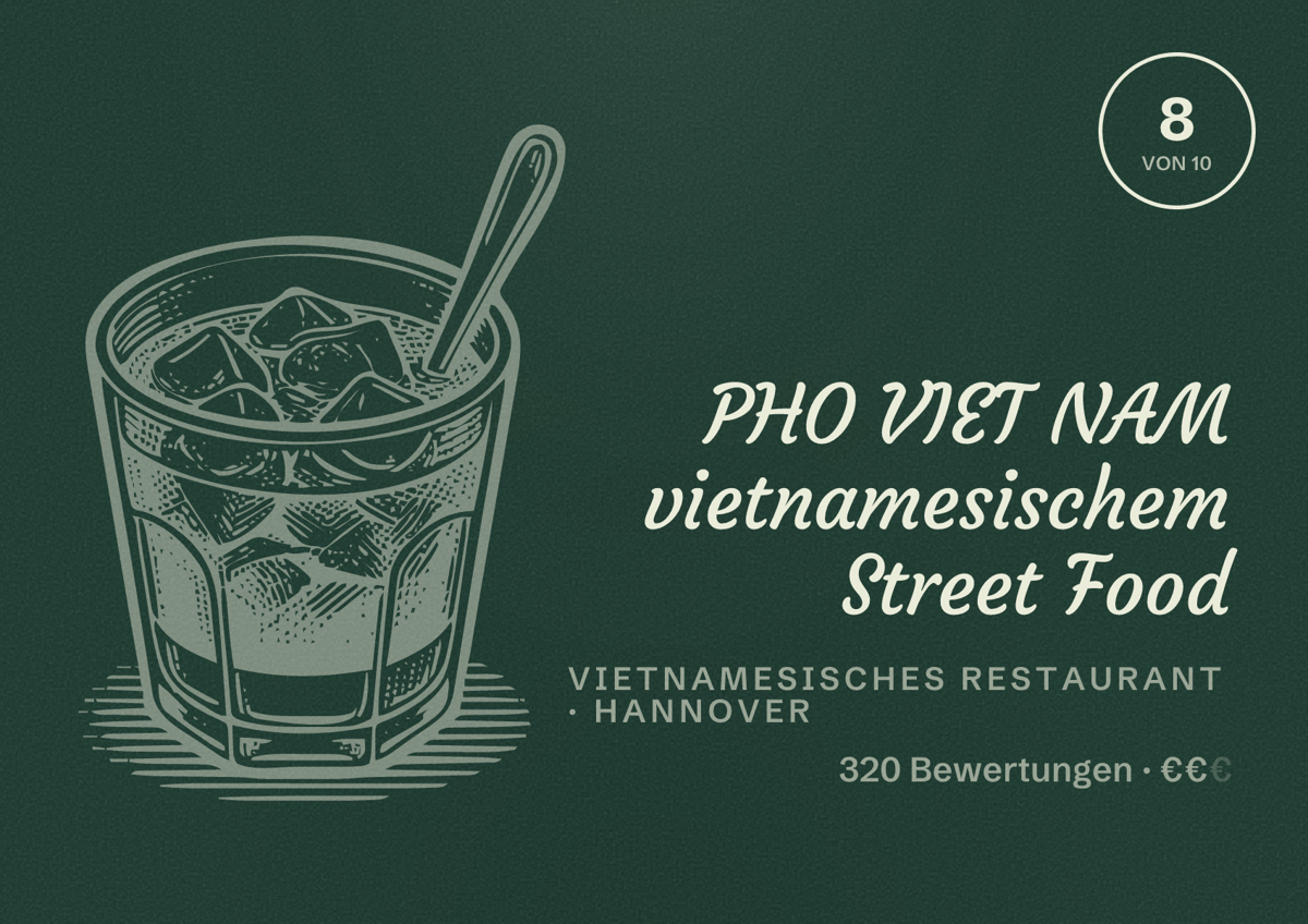 Illustriertes Poster von PHO VIET NAM vietnamesischem Street Food, Vietnamesisches Restaurant in Hannover: Bewertung 8,0 von 10 aus 320 Bewertungen, Preisniveau €€