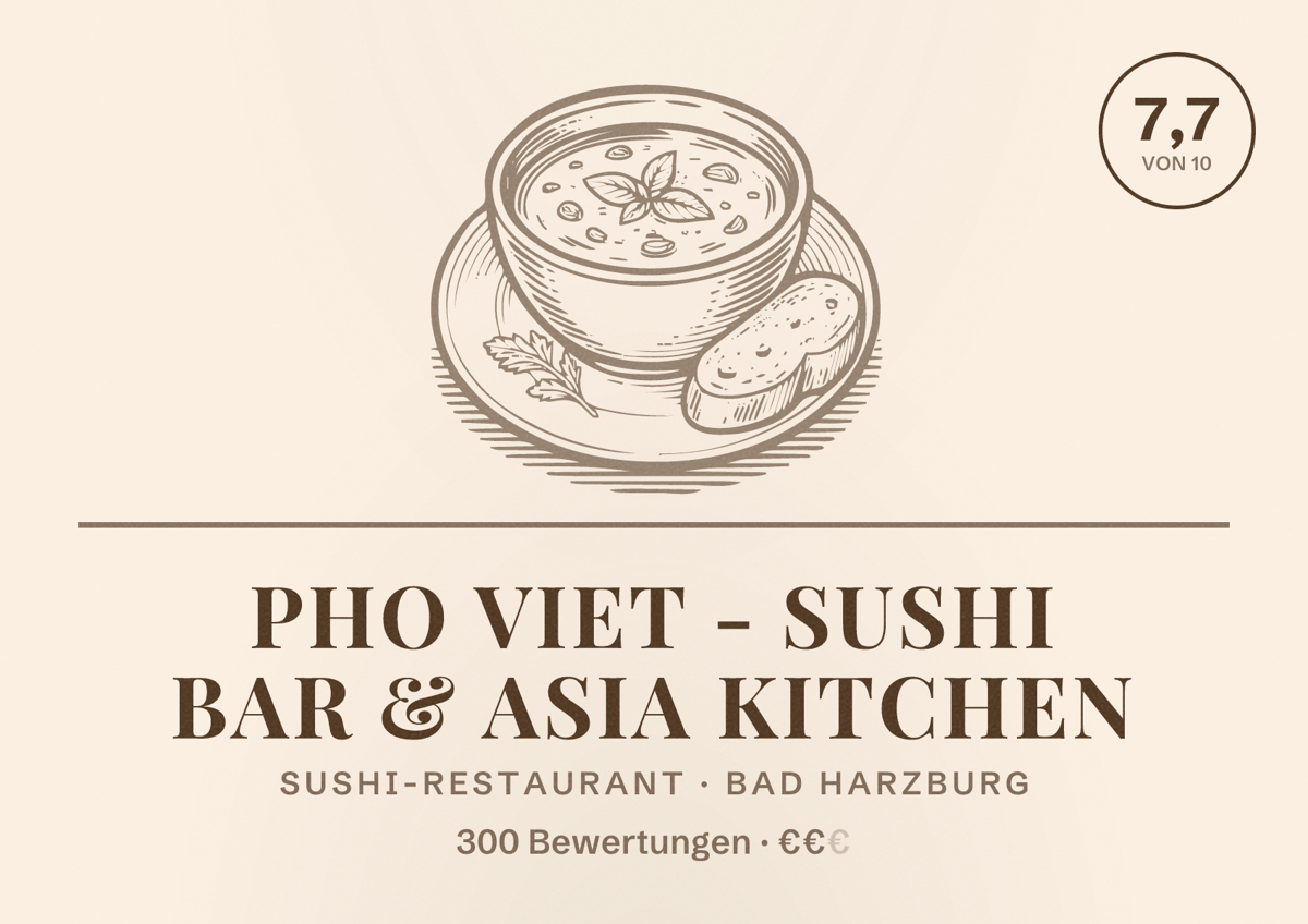 Illustriertes Poster von PHO VIET - Sushi Bar & Asia Kitchen, Sushi-Restaurant in Bad Harzburg: Bewertung 7,7 von 10 aus 300 Bewertungen, Preisniveau €€