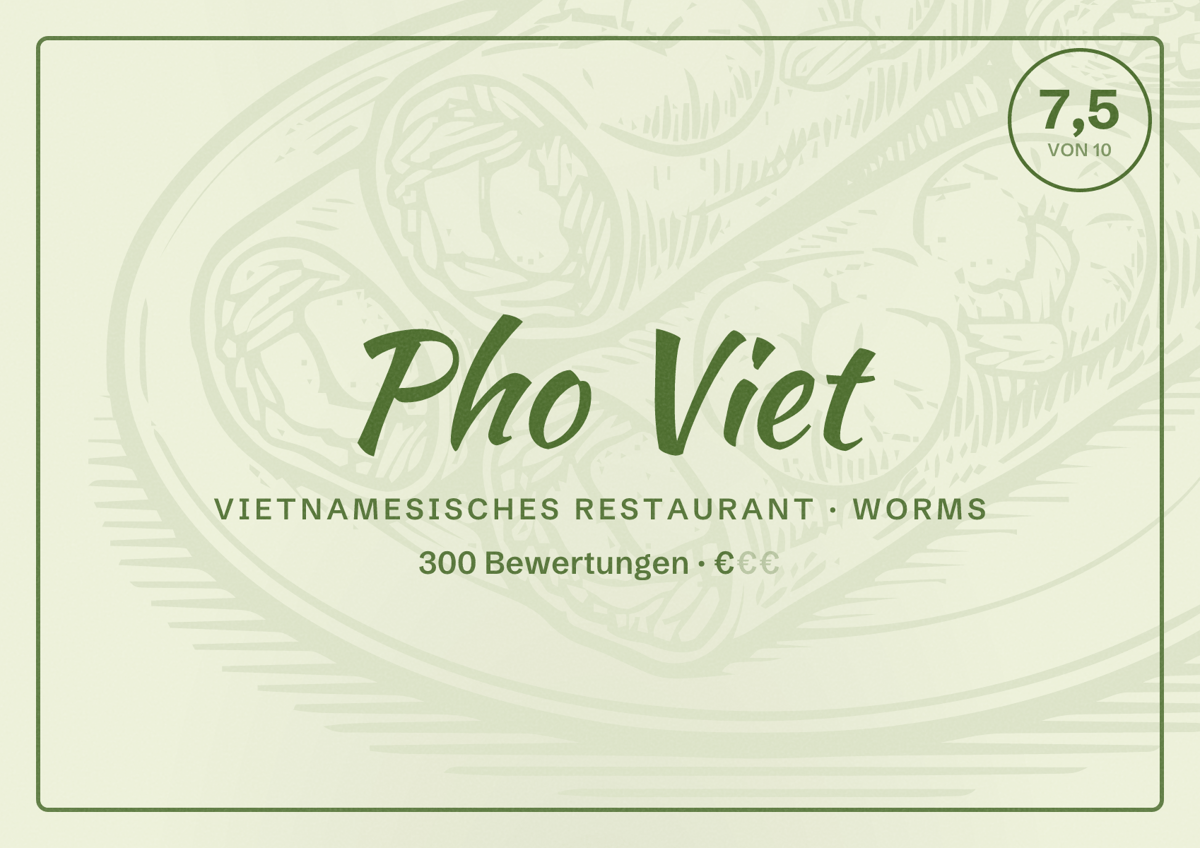Illustriertes Poster von Pho Viet, Vietnamesisches Restaurant in Worms: Bewertung 7,5 von 10 aus 300 Bewertungen, Preisniveau €