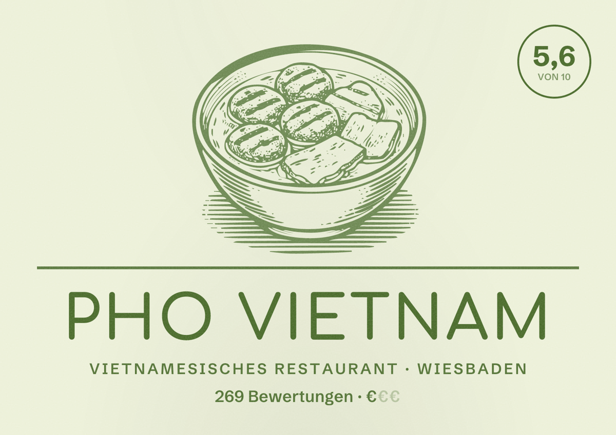 Illustriertes Poster von Pho Vietnam, Vietnamesisches Restaurant in Wiesbaden: Bewertung 5,6 von 10 aus 269 Bewertungen, Preisniveau €