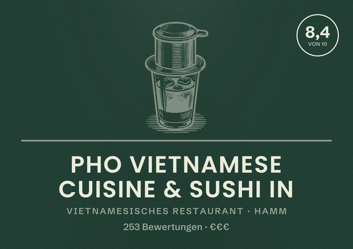 Illustriertes Poster von Pho Vietnamese Cuisine & Sushi in, Vietnamesisches Restaurant in Hamm: Bewertung 8,4 von 10 aus 253 Bewertungen, Preisniveau €€€