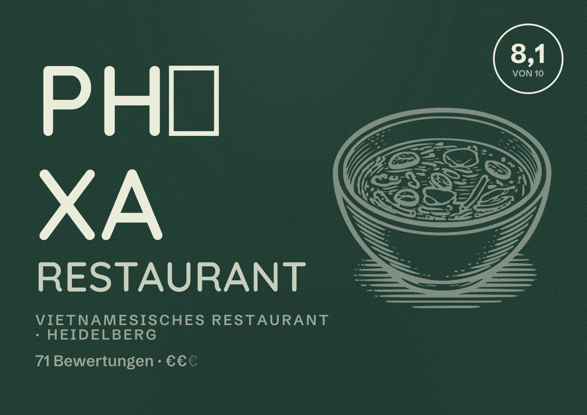 Illustriertes Poster von Phố Xa Restaurant, Vietnamesisches Restaurant in Heidelberg: Bewertung 8,1 von 10 aus 71 Bewertungen, Preisniveau €€