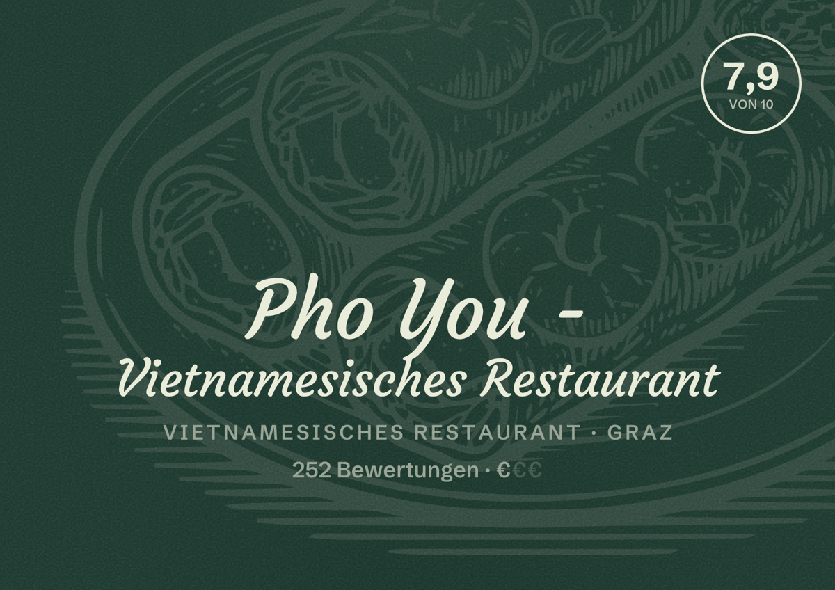 Illustriertes Poster von Pho You - Vietnamesisches Restaurant, Vietnamesisches Restaurant in Graz: Bewertung 7,9 von 10 aus 252 Bewertungen, Preisniveau €