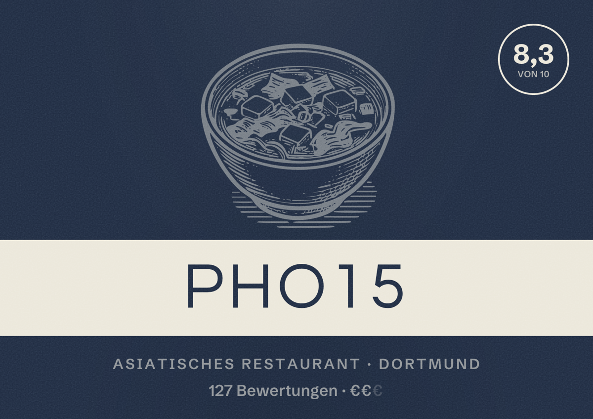 Illustriertes Poster von Pho15, Asiatisches Restaurant in Dortmund: Bewertung 8,3 von 10 aus 127 Bewertungen, Preisniveau €€