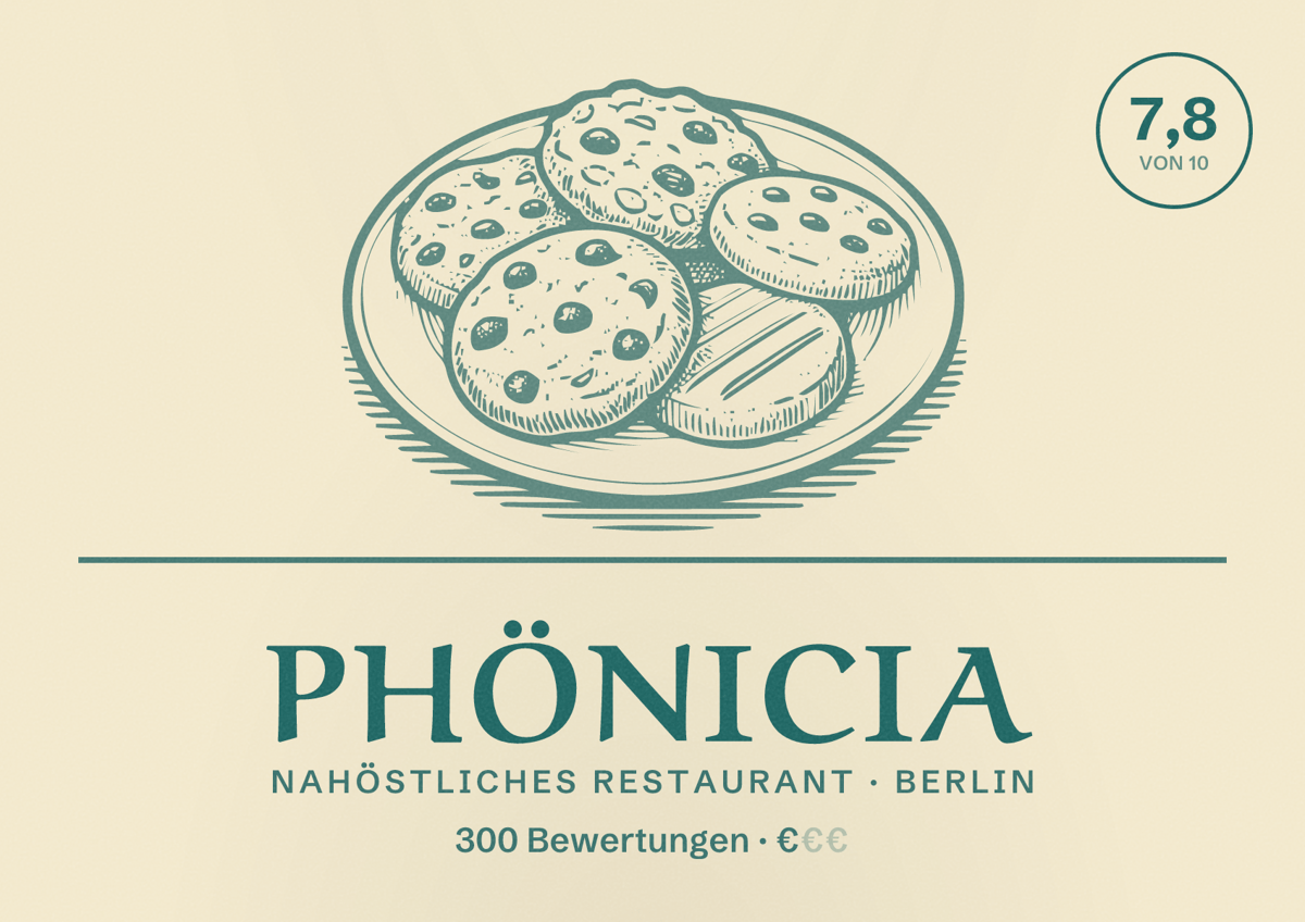 Illustriertes Poster von Phönicia, Nahöstliches Restaurant in Berlin: Bewertung 7,8 von 10 aus 300 Bewertungen, Preisniveau €