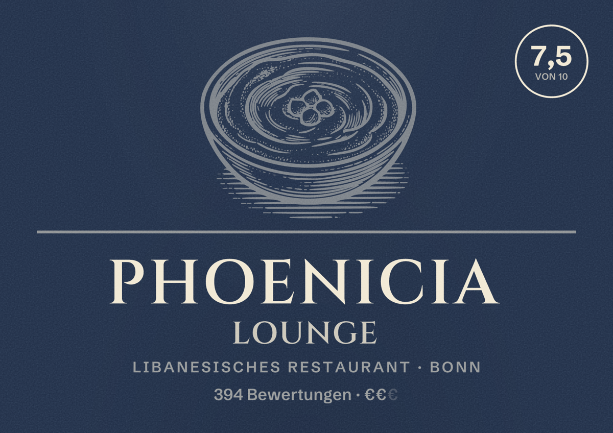 Illustriertes Poster von Phoenicia Lounge, Libanesisches Restaurant in Bonn: Bewertung 7,5 von 10 aus 394 Bewertungen, Preisniveau €€