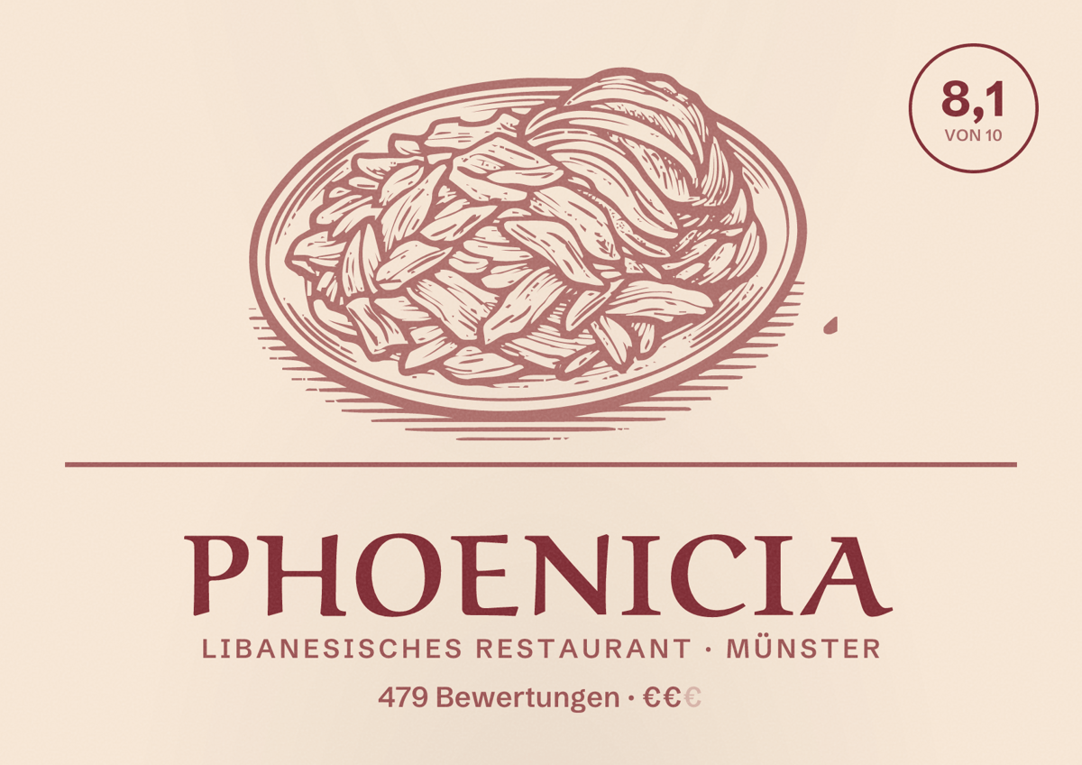 Illustriertes Poster von Phoenicia, Libanesisches Restaurant in Münster: Bewertung 8,1 von 10 aus 479 Bewertungen, Preisniveau €€
