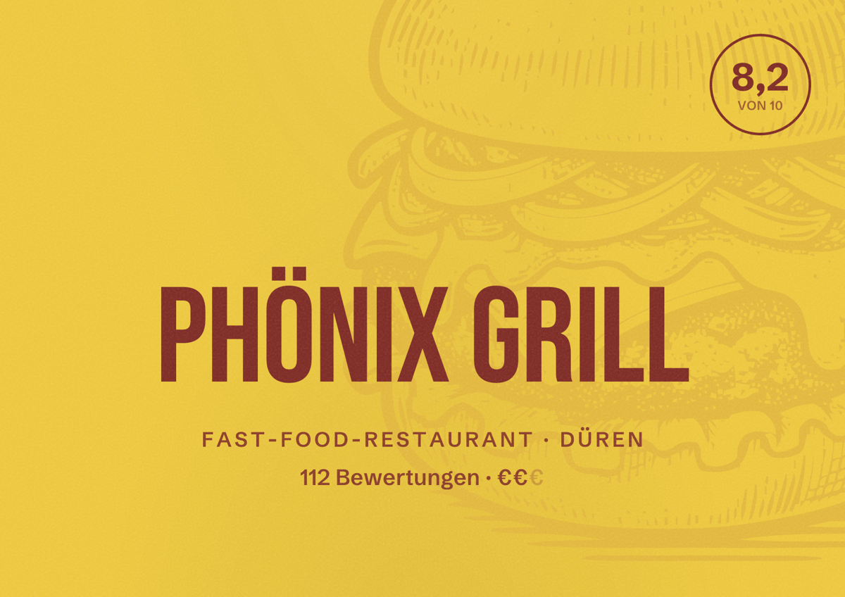 Illustriertes Poster von Phönix Grill, Fast-Food-Restaurant in Düren: Bewertung 8,2 von 10 aus 112 Bewertungen, Preisniveau €€