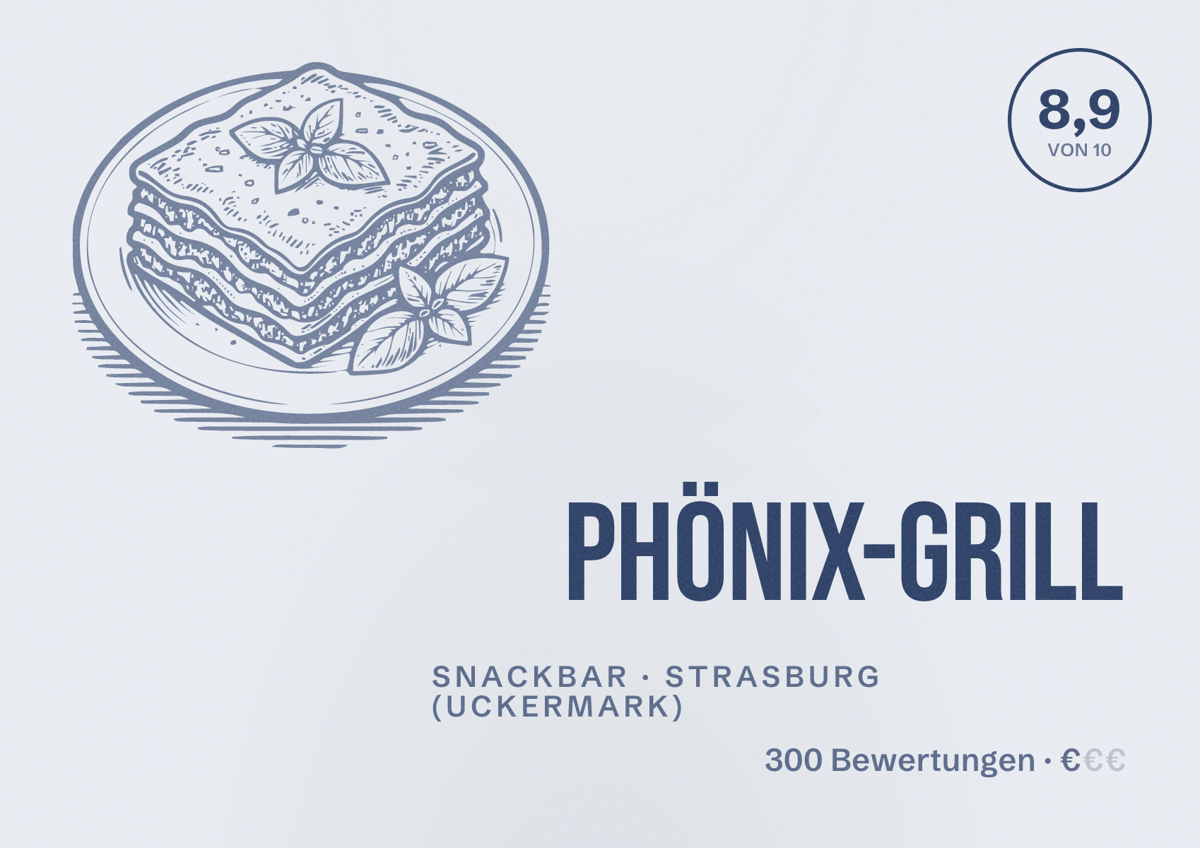 Illustriertes Poster von Phönix-Grill, Snackbar in Strasburg (Uckermark): Bewertung 8,9 von 10 aus 300 Bewertungen, Preisniveau €