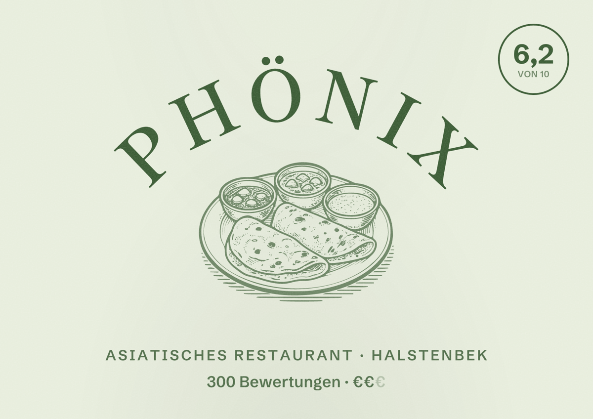 Illustriertes Poster von Phönix, Asiatisches Restaurant in Halstenbek: Bewertung 6,2 von 10 aus 300 Bewertungen, Preisniveau €€