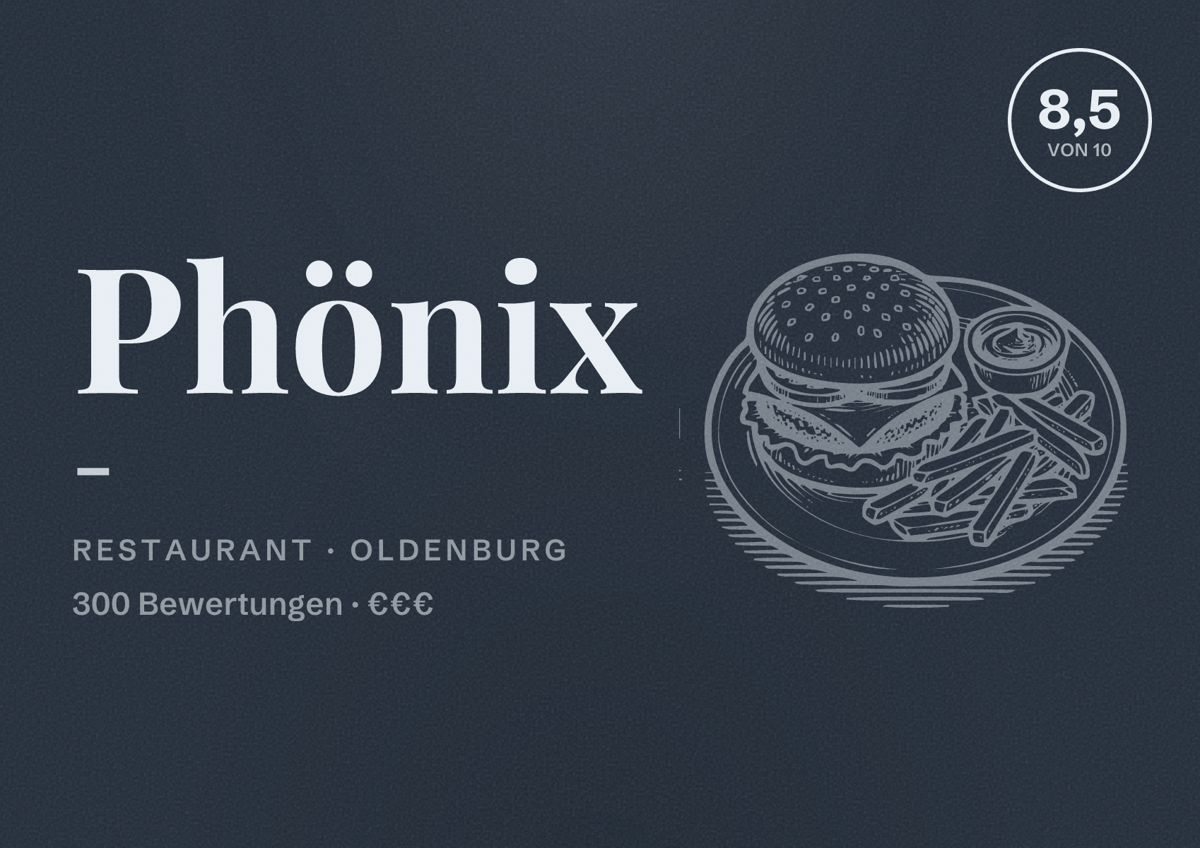 Illustriertes Poster von Phönix -, Restaurant in Oldenburg: Bewertung 8,5 von 10 aus 300 Bewertungen, Preisniveau €€€