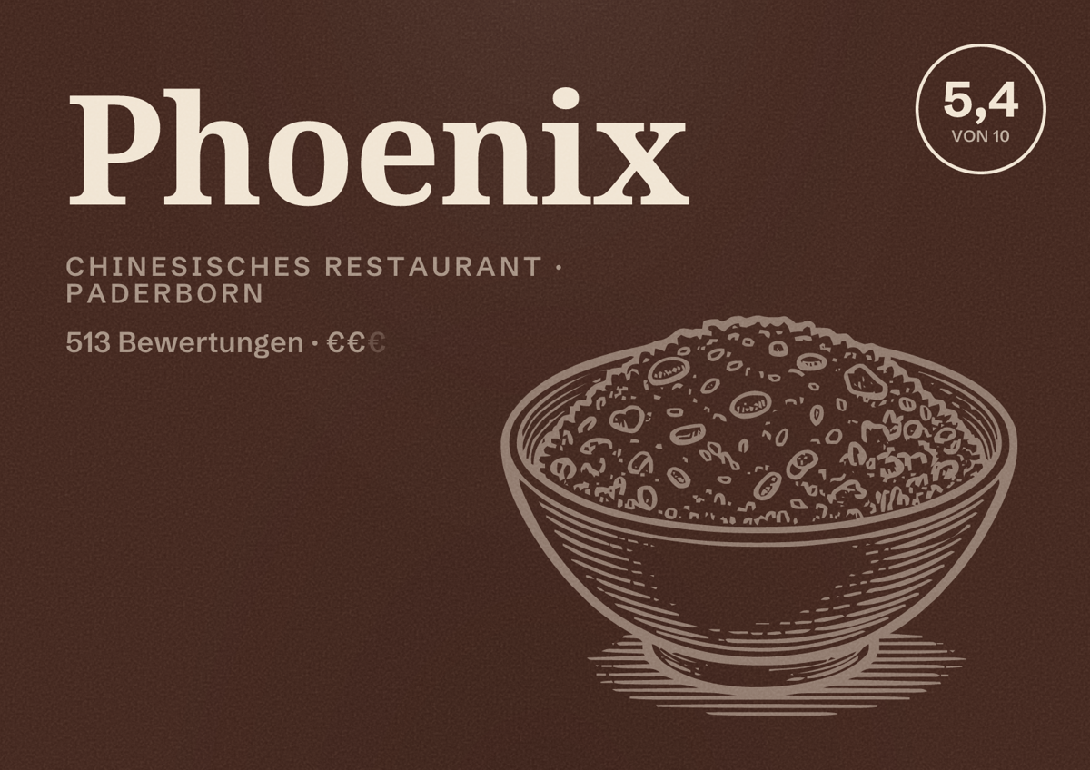 Illustriertes Poster von Phoenix, Chinesisches Restaurant in Paderborn: Bewertung 5,4 von 10 aus 513 Bewertungen, Preisniveau €€