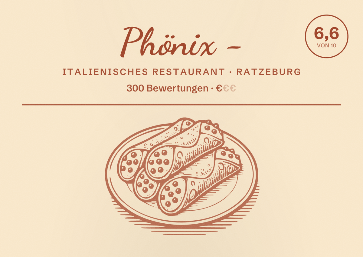Illustriertes Poster von Phönix -, Italienisches Restaurant in Ratzeburg: Bewertung 6,6 von 10 aus 300 Bewertungen, Preisniveau €