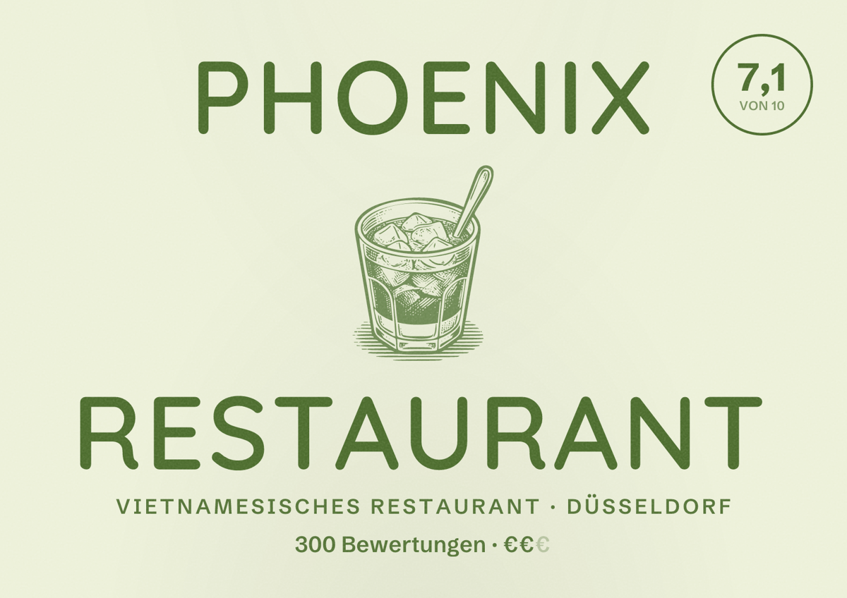 Illustriertes Poster von Phoenix Restaurant, Vietnamesisches Restaurant in Düsseldorf: Bewertung 7,1 von 10 aus 300 Bewertungen, Preisniveau €€
