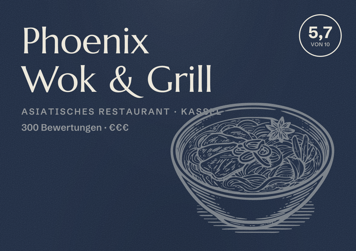 Illustriertes Poster von Phoenix Wok & Grill, Asiatisches Restaurant in Kassel: Bewertung 5,7 von 10 aus 300 Bewertungen, Preisniveau €€€