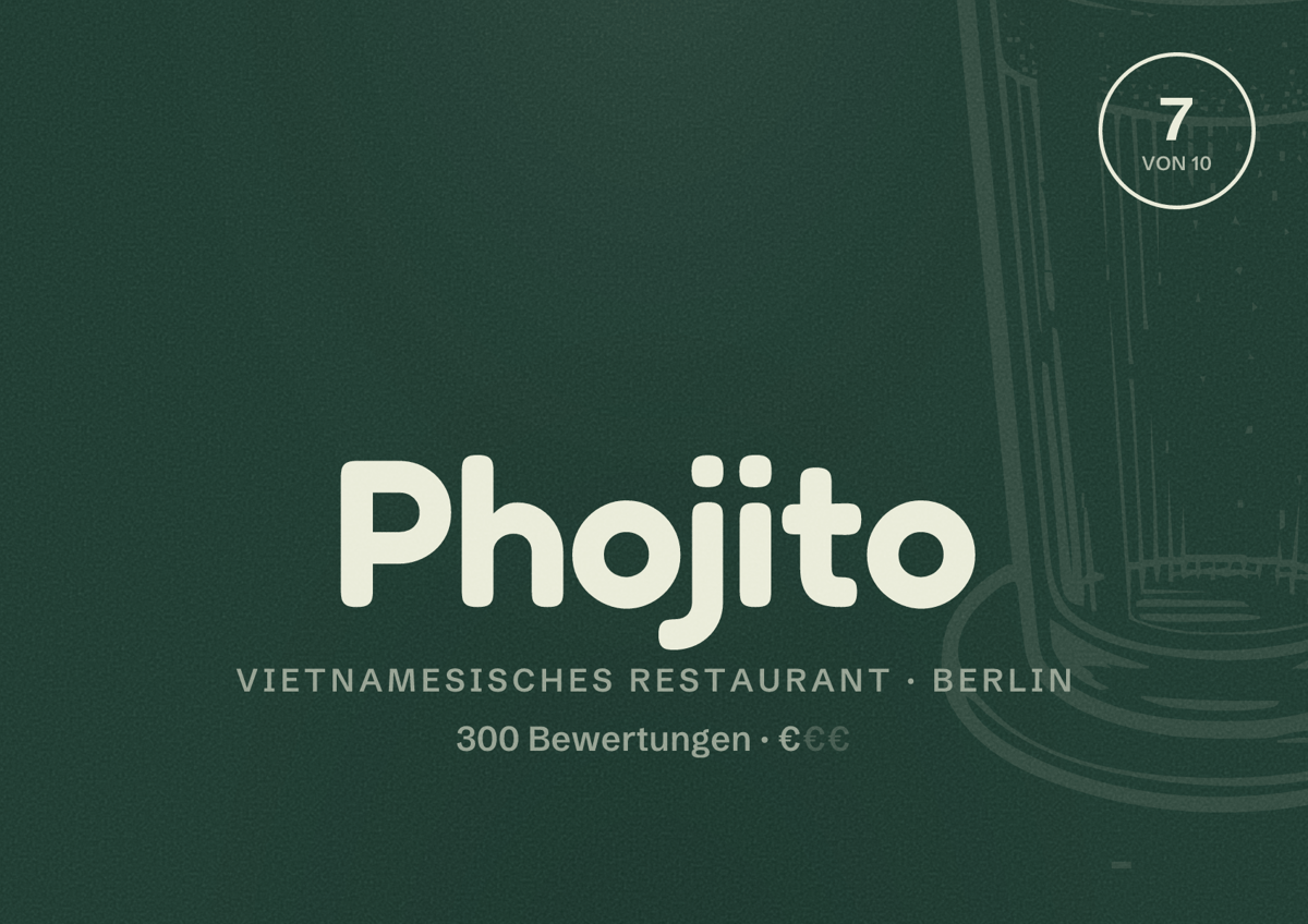Illustriertes Poster von Phojito, Vietnamesisches Restaurant in Berlin: Bewertung 7,0 von 10 aus 300 Bewertungen, Preisniveau €€