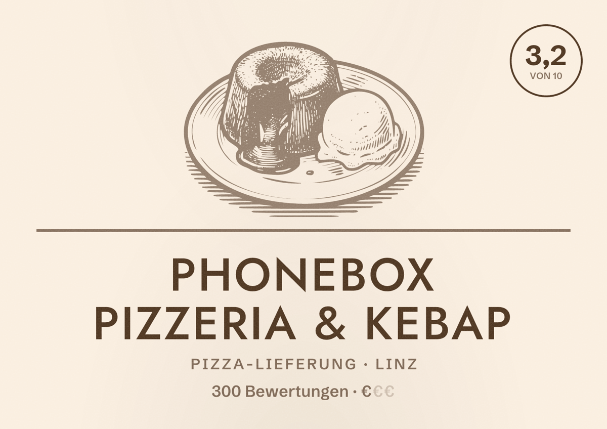Illustriertes Poster von Phonebox Pizzeria & Kebap, Pizza-Lieferung in Linz: Bewertung 3,2 von 10 aus 300 Bewertungen, Preisniveau €