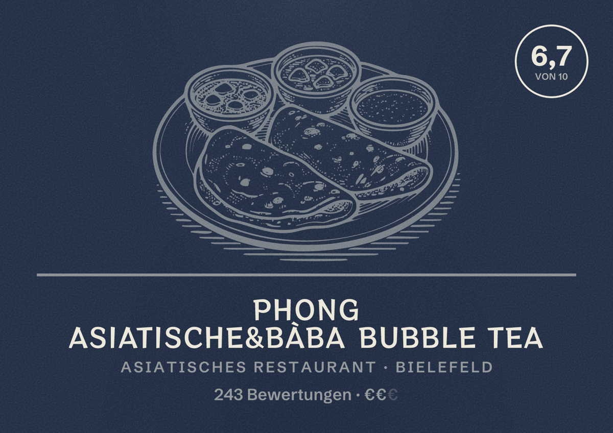 Illustriertes Poster von Phong Asiatische&BàBa Bubble Tea, Asiatisches Restaurant in Bielefeld: Bewertung 6,7 von 10 aus 243 Bewertungen, Preisniveau €€