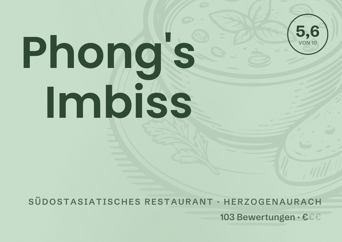 Illustriertes Poster von Phong's Imbiss, Südostasiatisches Restaurant in Herzogenaurach: Bewertung 5,6 von 10 aus 103 Bewertungen, Preisniveau €