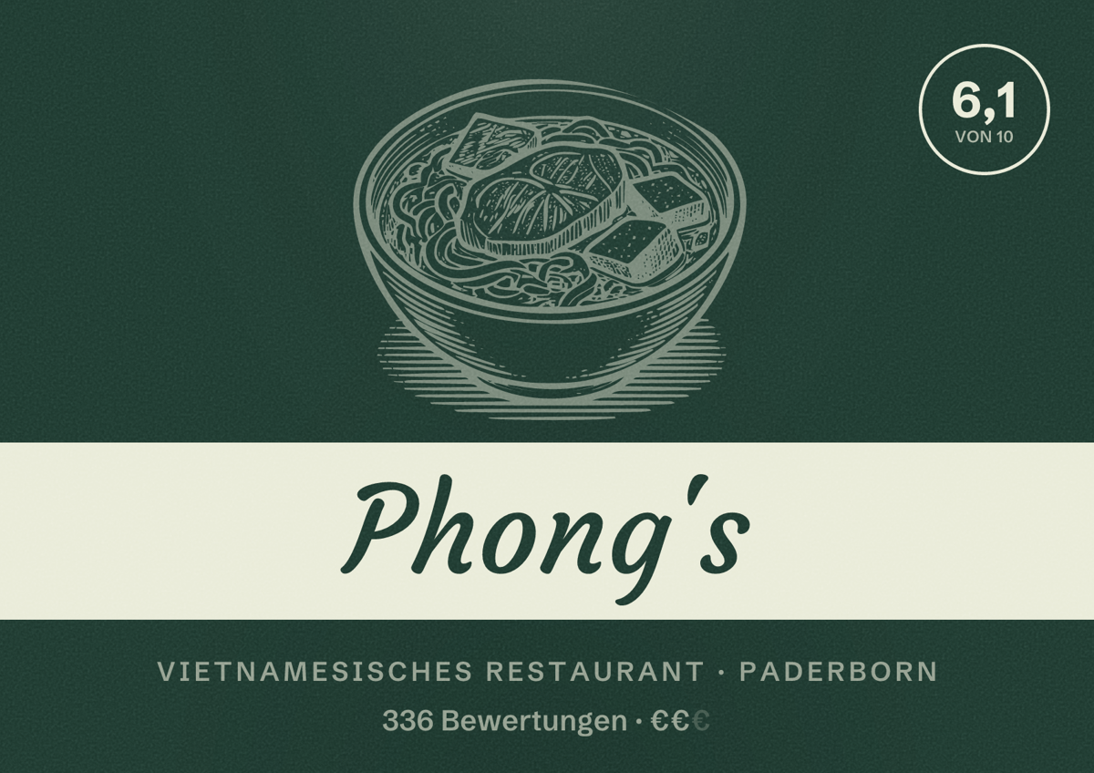 Illustriertes Poster von Phong's, Vietnamesisches Restaurant in Paderborn: Bewertung 6,1 von 10 aus 336 Bewertungen, Preisniveau €€