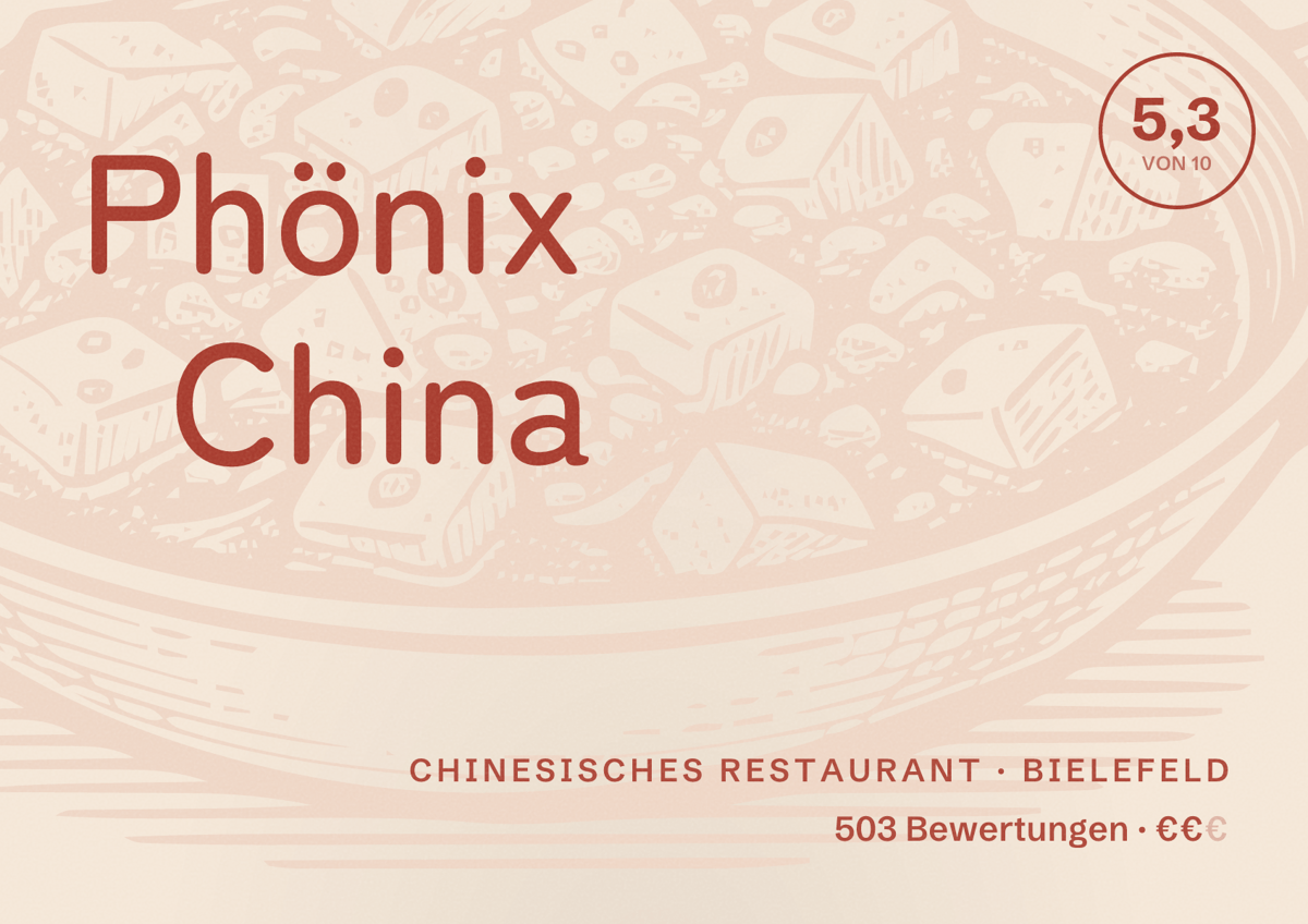 Illustriertes Poster von Phönix China, Chinesisches Restaurant in Bielefeld: Bewertung 5,3 von 10 aus 503 Bewertungen, Preisniveau €€