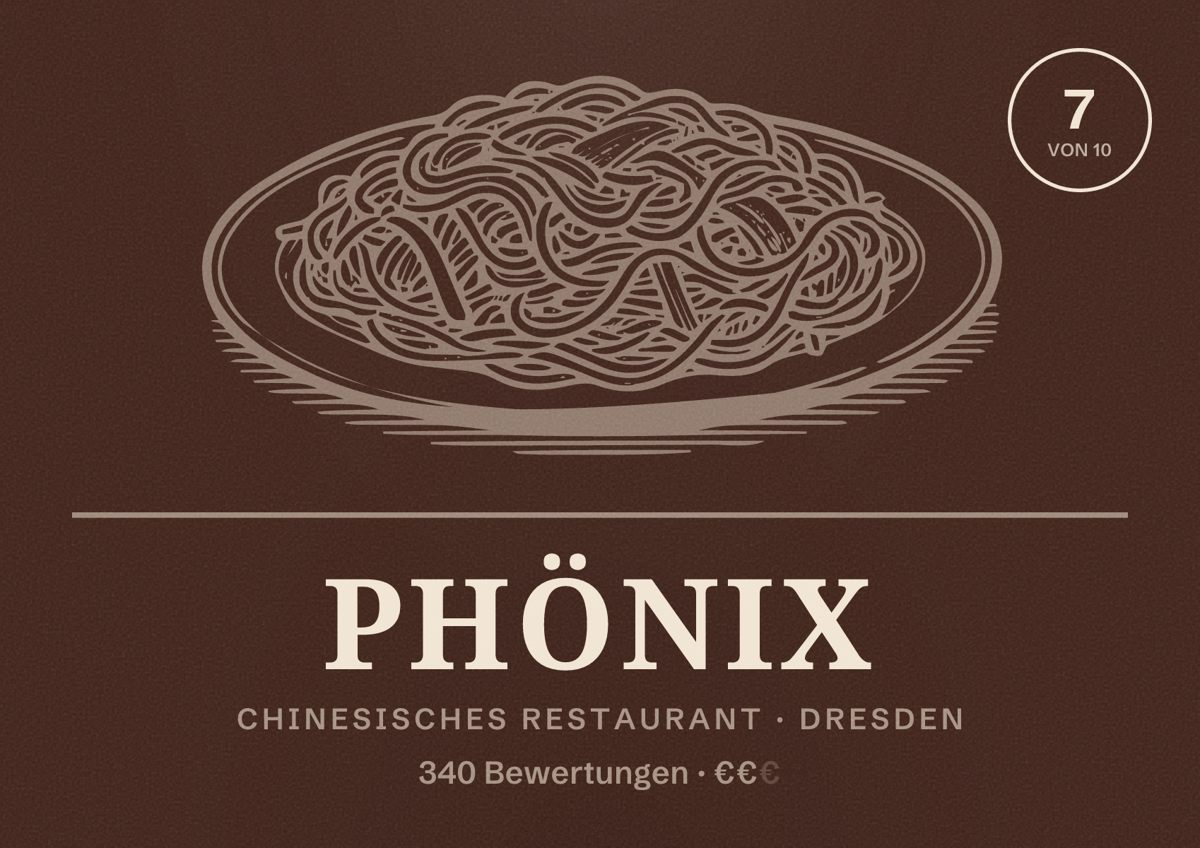 Illustriertes Poster von Phönix, Chinesisches Restaurant in Dresden: Bewertung 7 von 10 aus 340 Bewertungen, Preisniveau €€