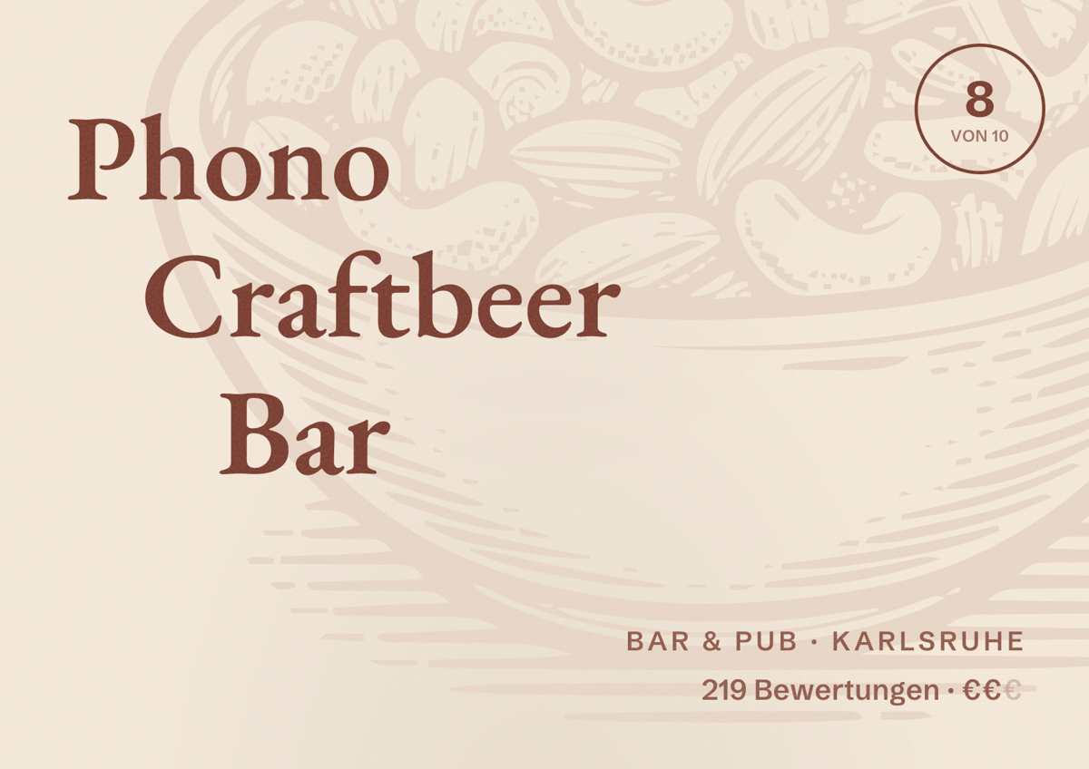 Illustriertes Poster von Phono Craftbeer Bar, Bar & Pub in Karlsruhe: Bewertung 8 von 10 aus 219 Bewertungen, Preisniveau €€
