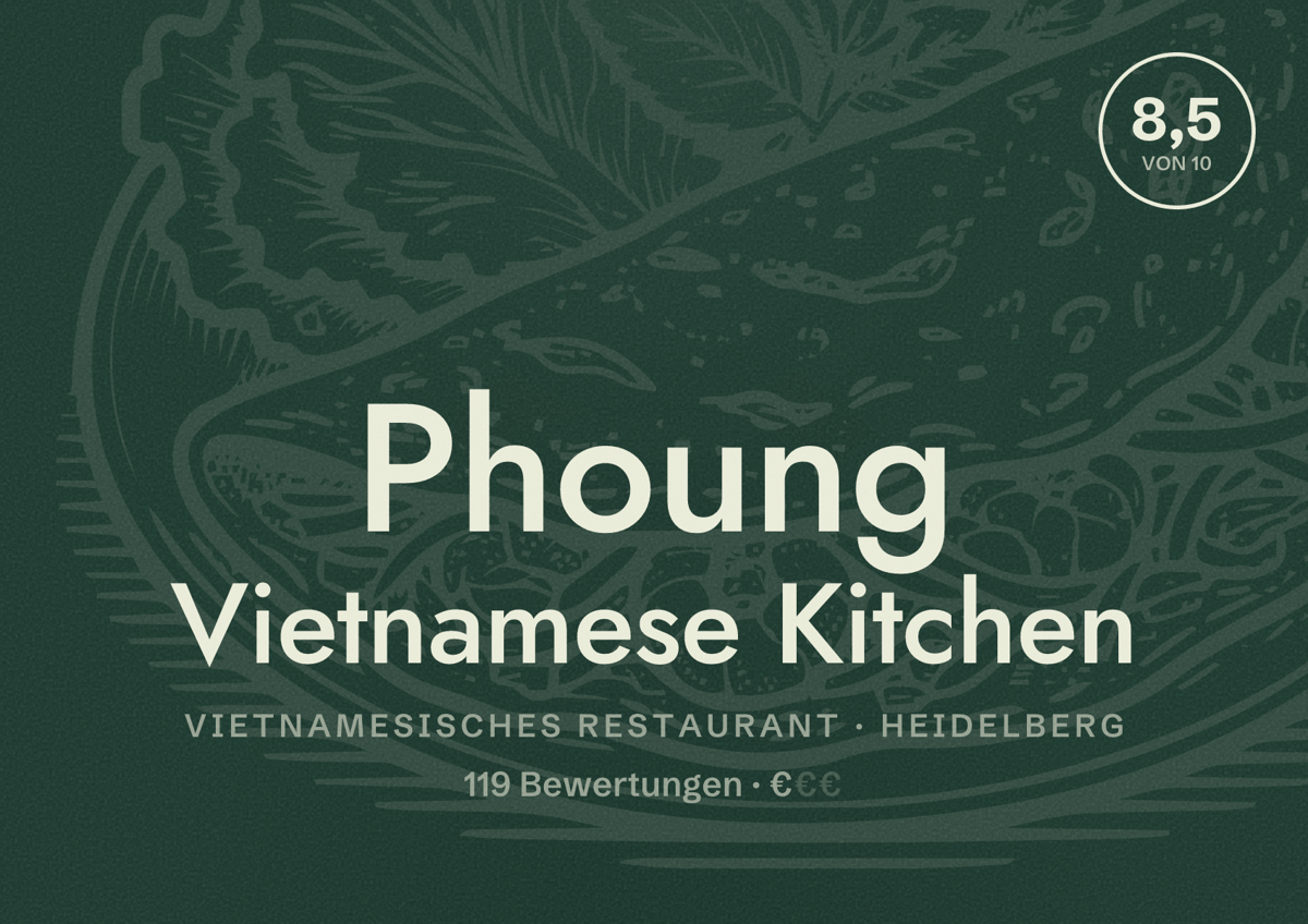 Illustriertes Poster von Phoung Vietnamese Kitchen, Vietnamesisches Restaurant in Heidelberg: Bewertung 8,5 von 10 aus 119 Bewertungen, Preisniveau €