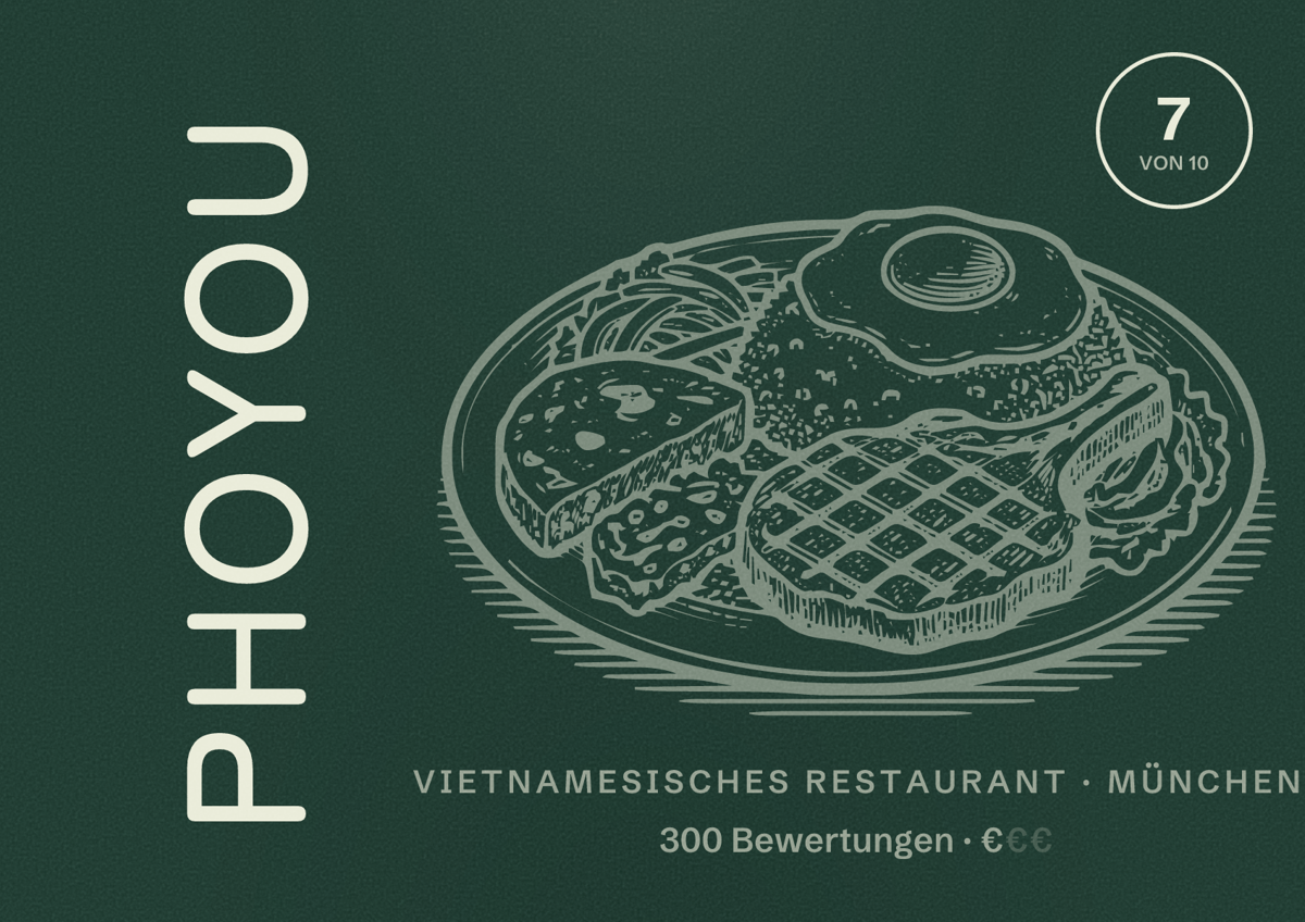 Illustriertes Poster von PhoYou, Vietnamesisches Restaurant in München: Bewertung 7,0 von 10 aus 300 Bewertungen, Preisniveau €