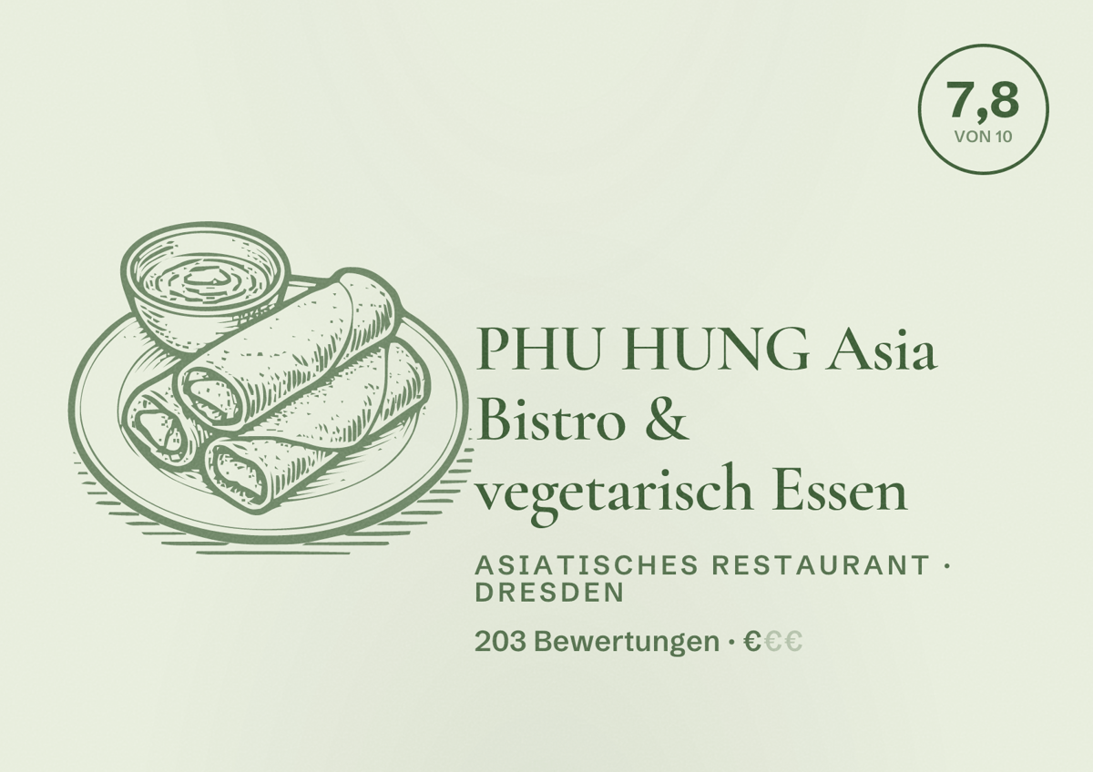 Illustriertes Poster von PHU HUNG Asia Bistro & vegetarisch Essen, Asiatisches Restaurant in Dresden: Bewertung 7,8 von 10 aus 203 Bewertungen, Preisniveau €