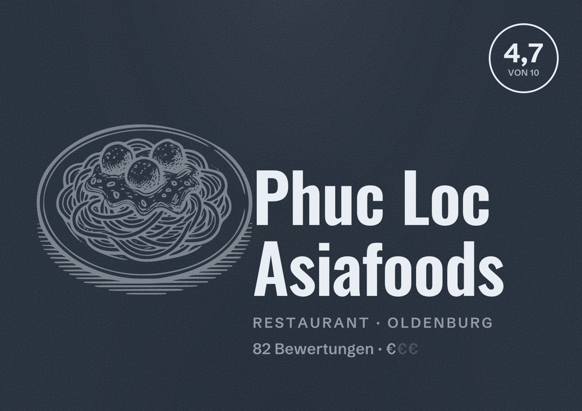 Illustriertes Poster von Phuc Loc Asiafoods, Restaurant in Oldenburg: Bewertung 4,7 von 10 aus 82 Bewertungen, Preisniveau €
