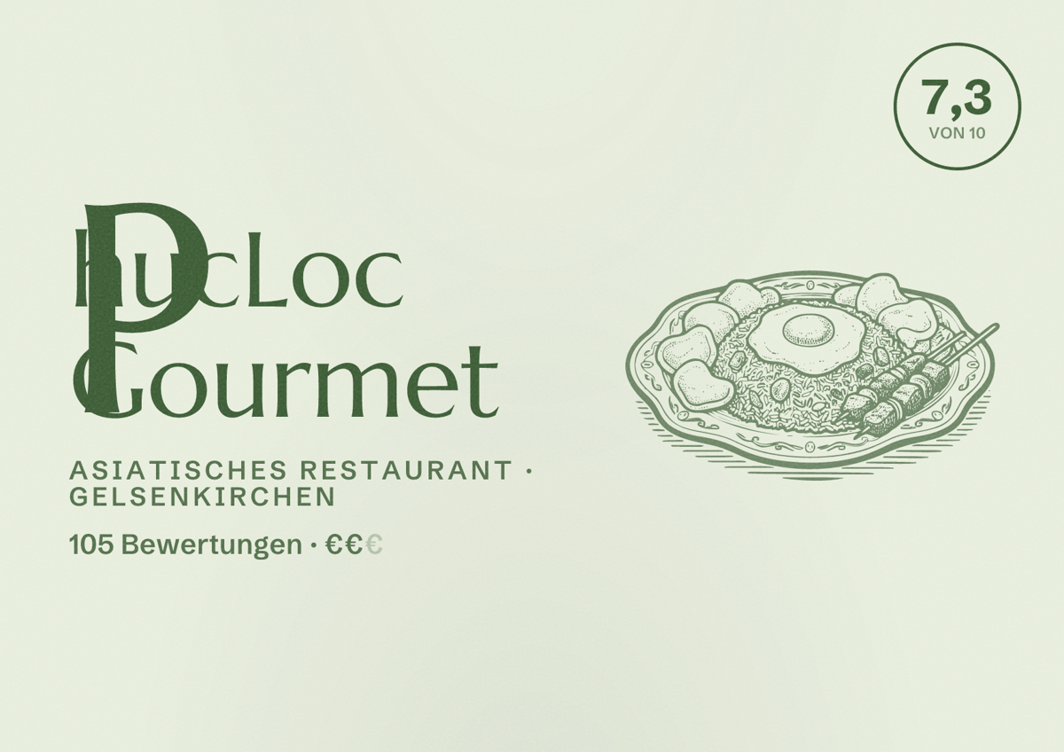 Illustriertes Poster von PhucLoc Gourmet, Asiatisches Restaurant in Gelsenkirchen: Bewertung 7,3 von 10 aus 105 Bewertungen, Preisniveau €€