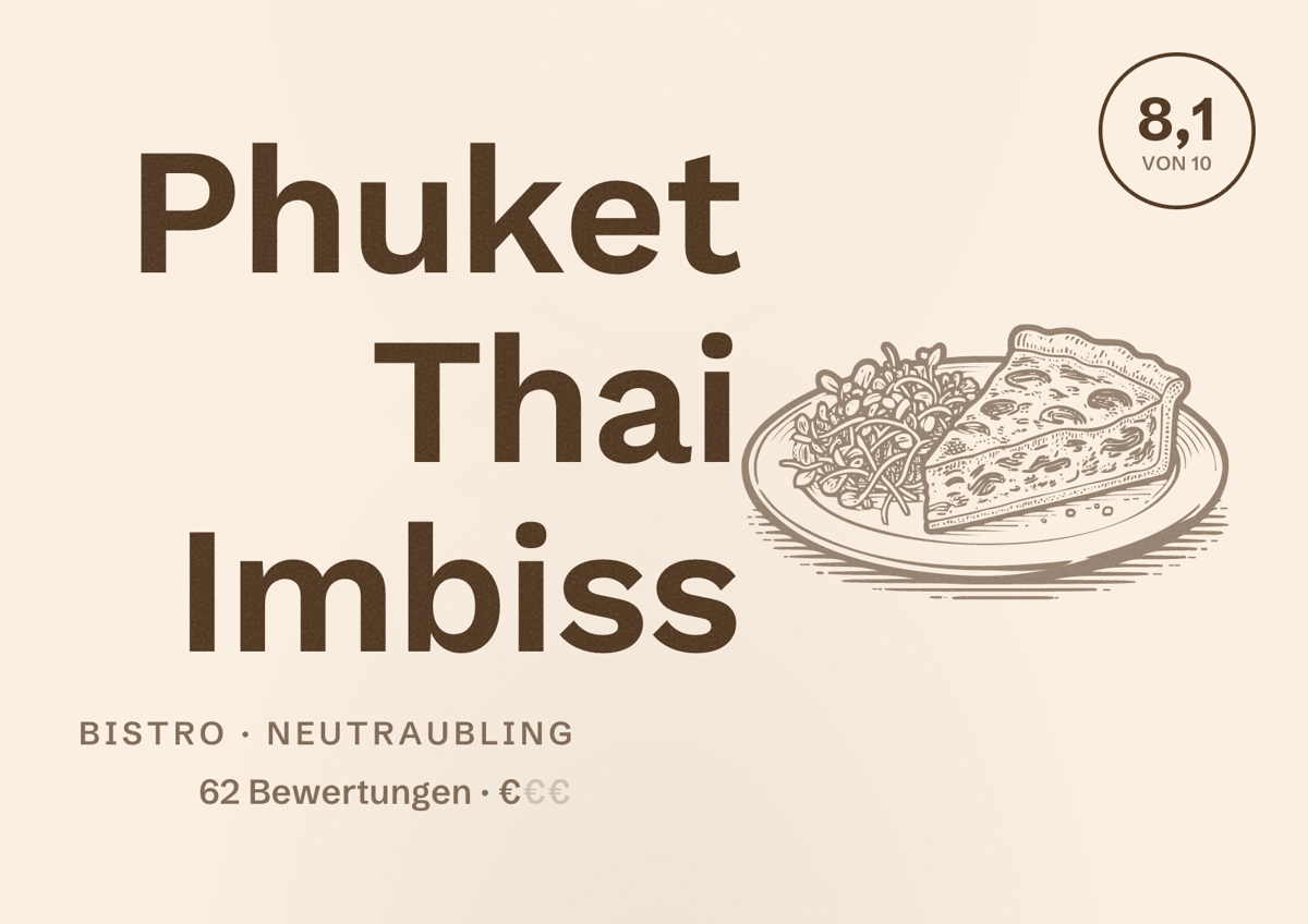 Illustriertes Poster von Phuket Thai Imbiss, Bistro in Neutraubling: Bewertung 8,1 von 10 aus 62 Bewertungen, Preisniveau €